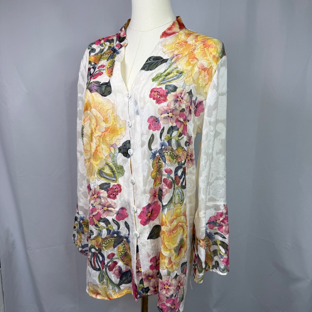 Citron Santa Monica Silk Blend Floral Burnout Devore Button Front Blouse Large